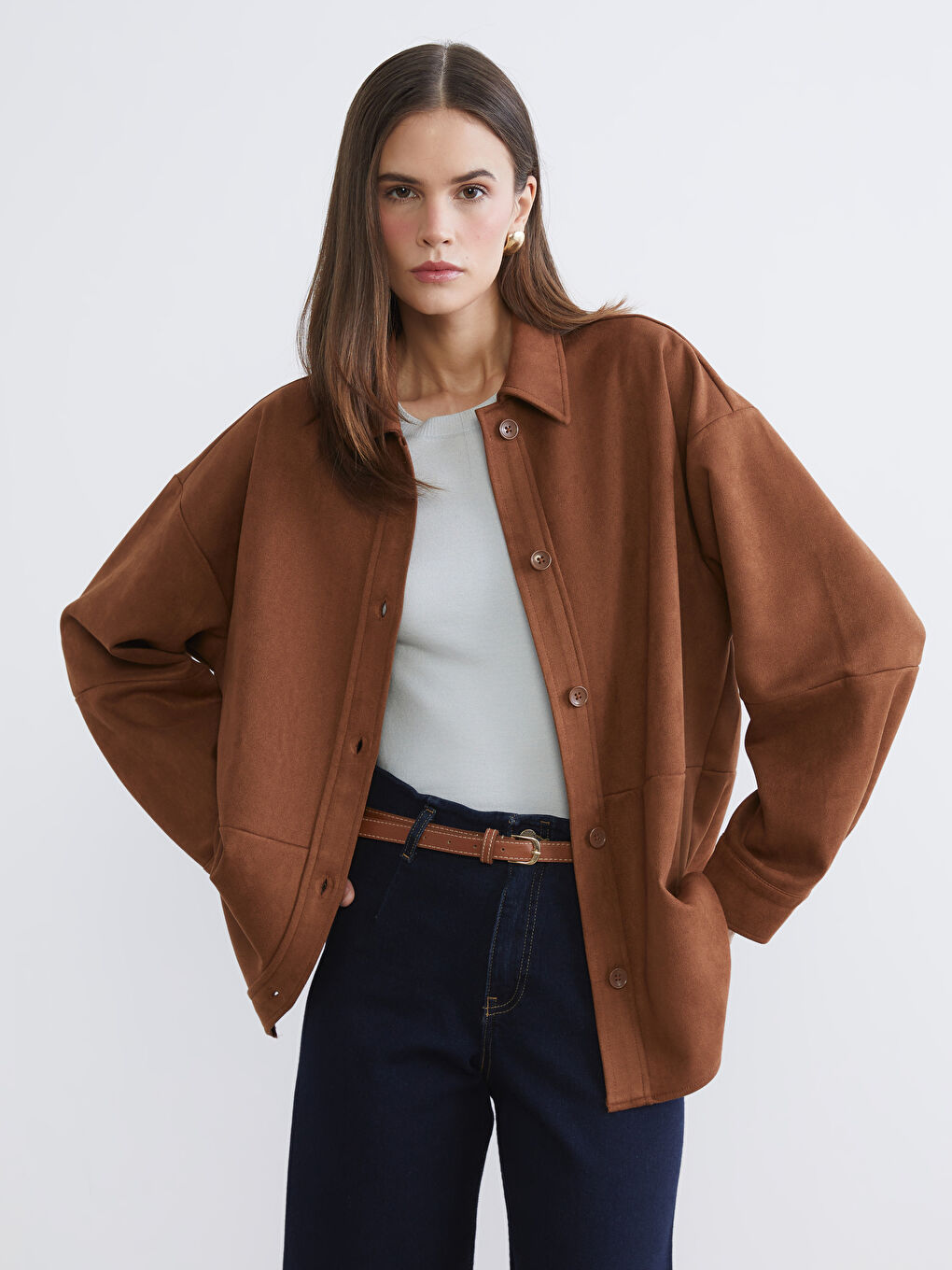 Bej Oversize Kadın Süet Görünümlü Gömlek