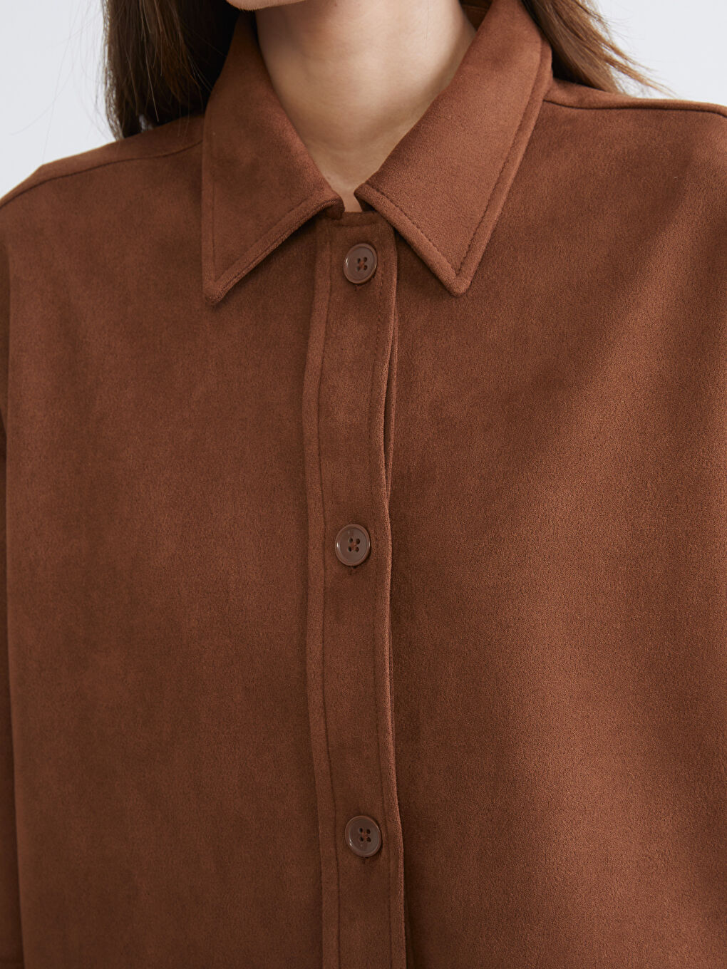 Bej Oversize Kadın Süet Görünümlü Gömlek-2