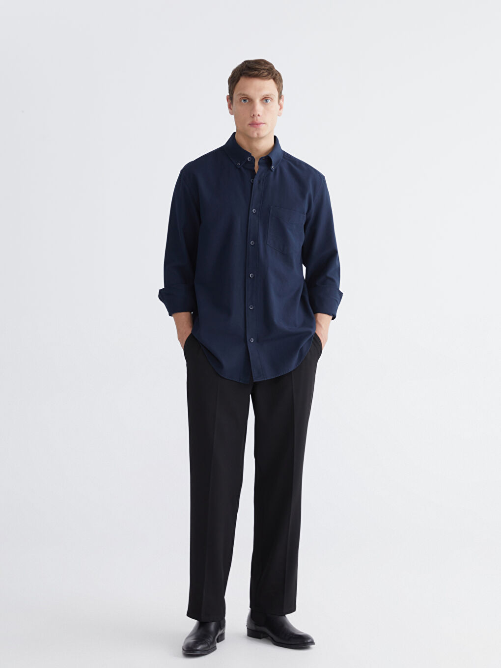 Lacivert Regular Fit Uzun Kollu Erkek Gömlek-1