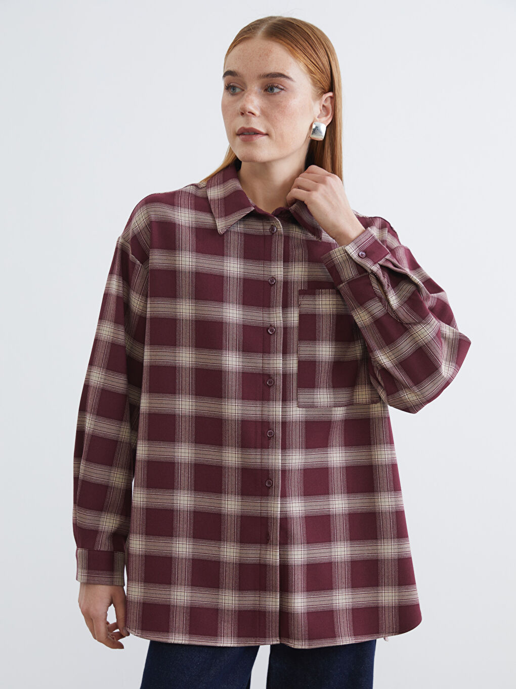 Bordo Ekose Oversize Kadın Gömlek Tunik
