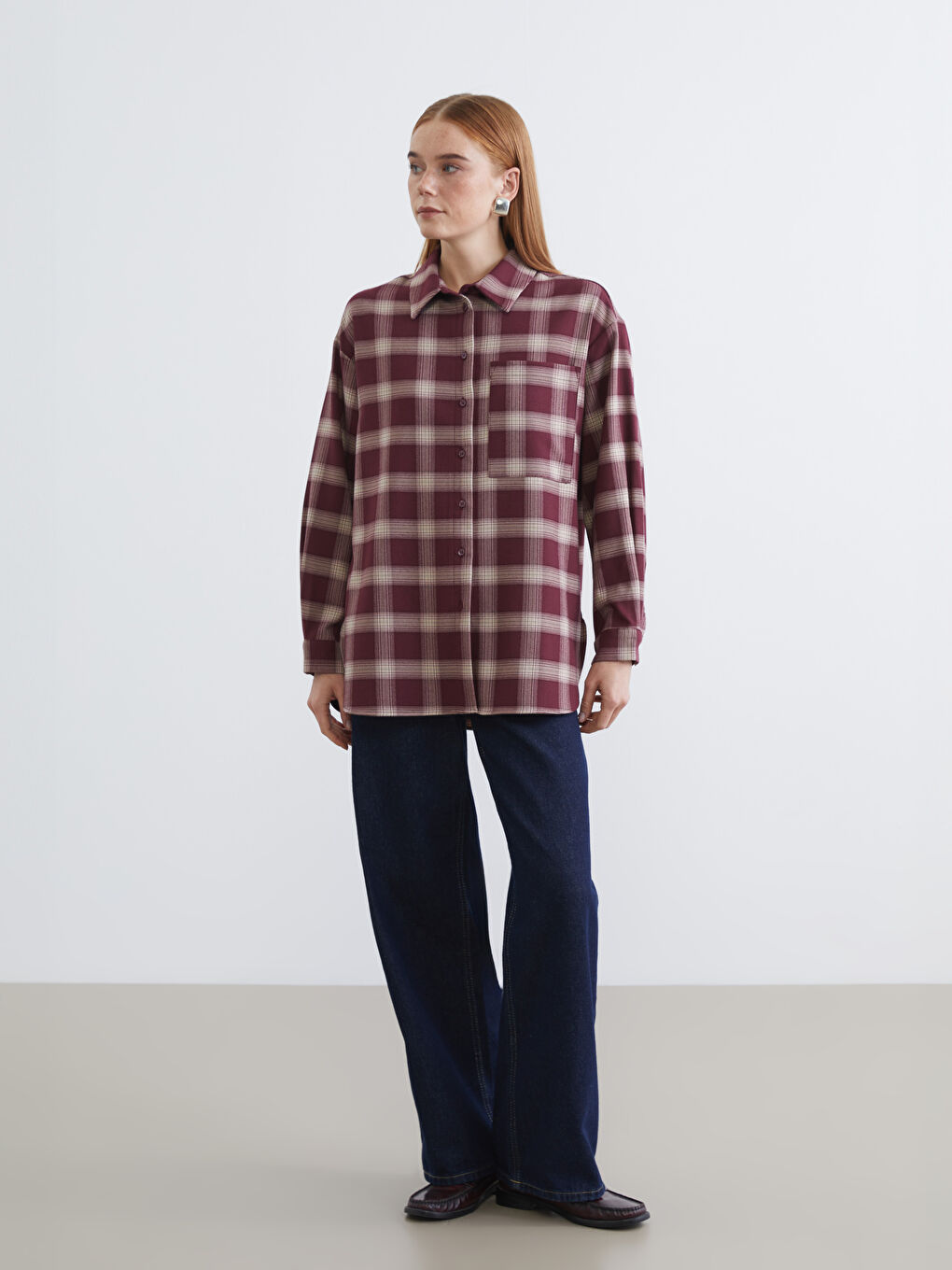 Bordo Ekose Oversize Kadın Gömlek Tunik-1