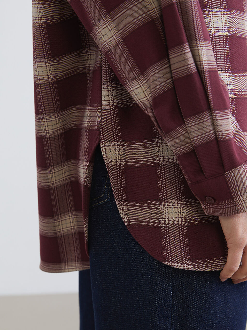 Bordo Ekose Oversize Kadın Gömlek Tunik-2