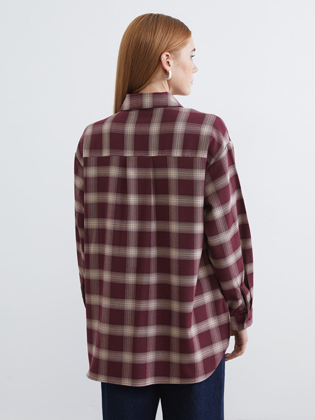 Bordo Ekose Oversize Kadın Gömlek Tunik-3