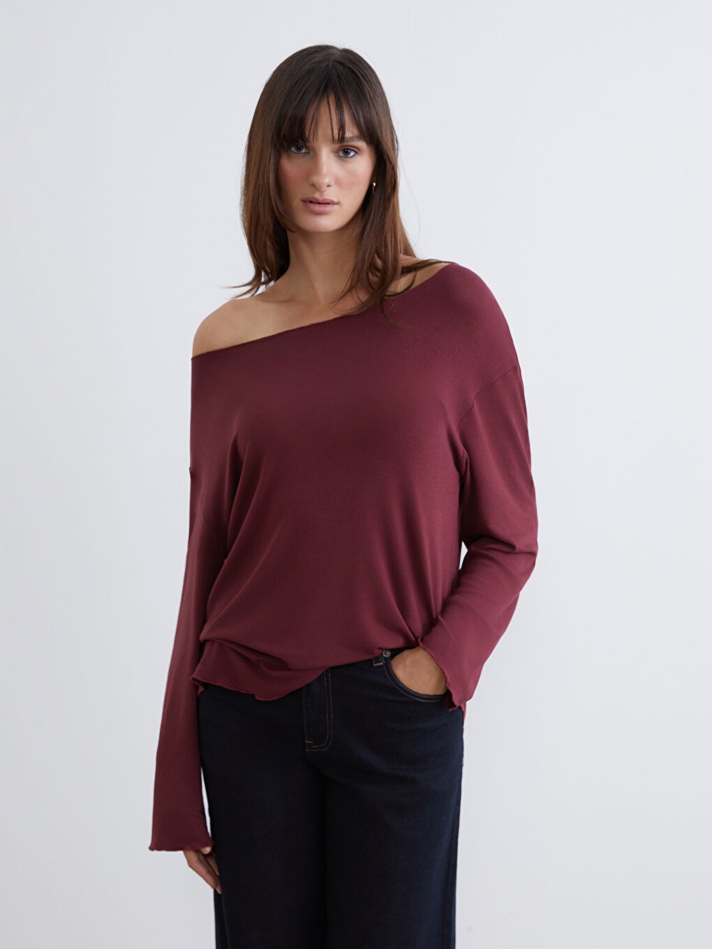 Bordo Kayık Yaka Bluz