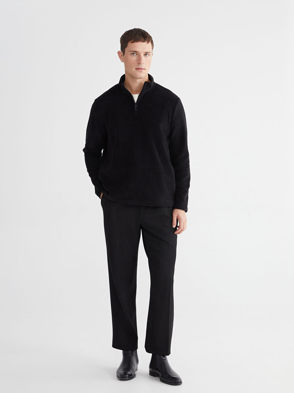 Siyah Dik Yaka Polar Erkek Sweatshirt-1