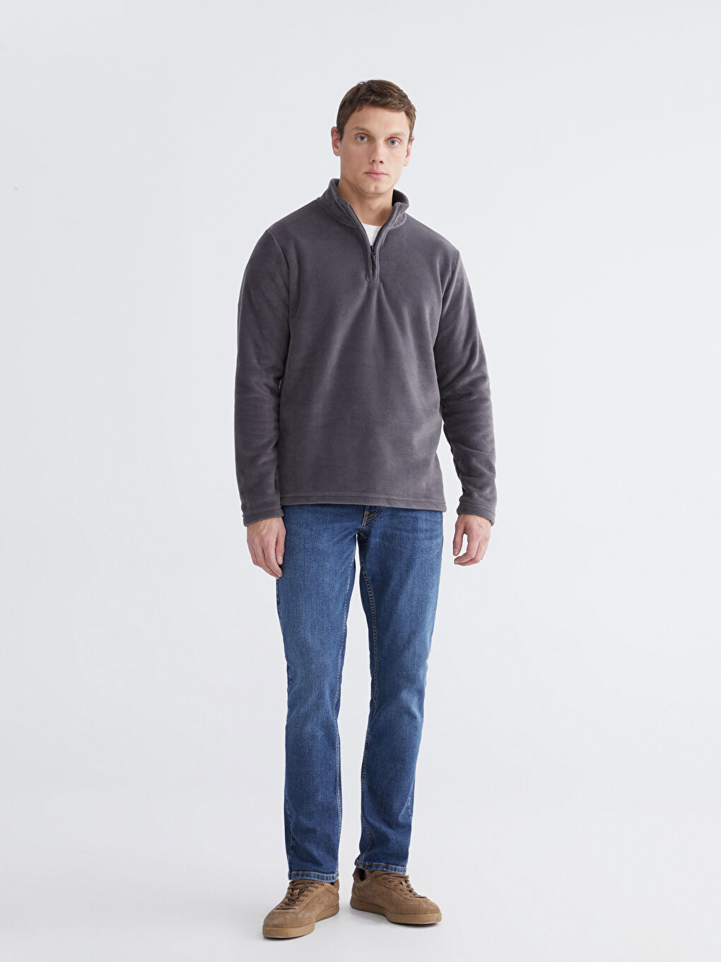 Gri Dik Yaka Polar Erkek Sweatshirt-1