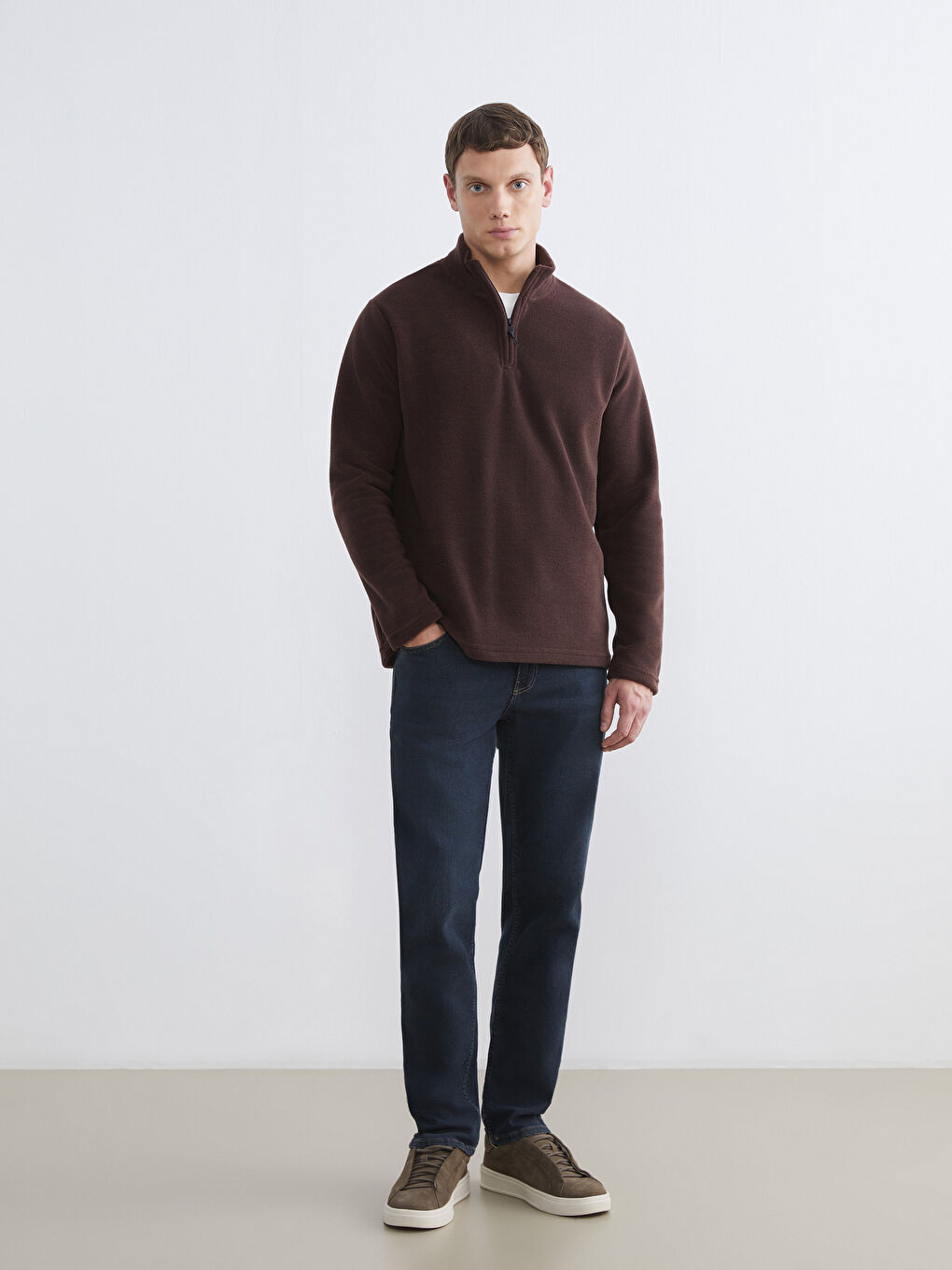 Kahverengi Dik Yaka Polar Erkek Sweatshirt-1