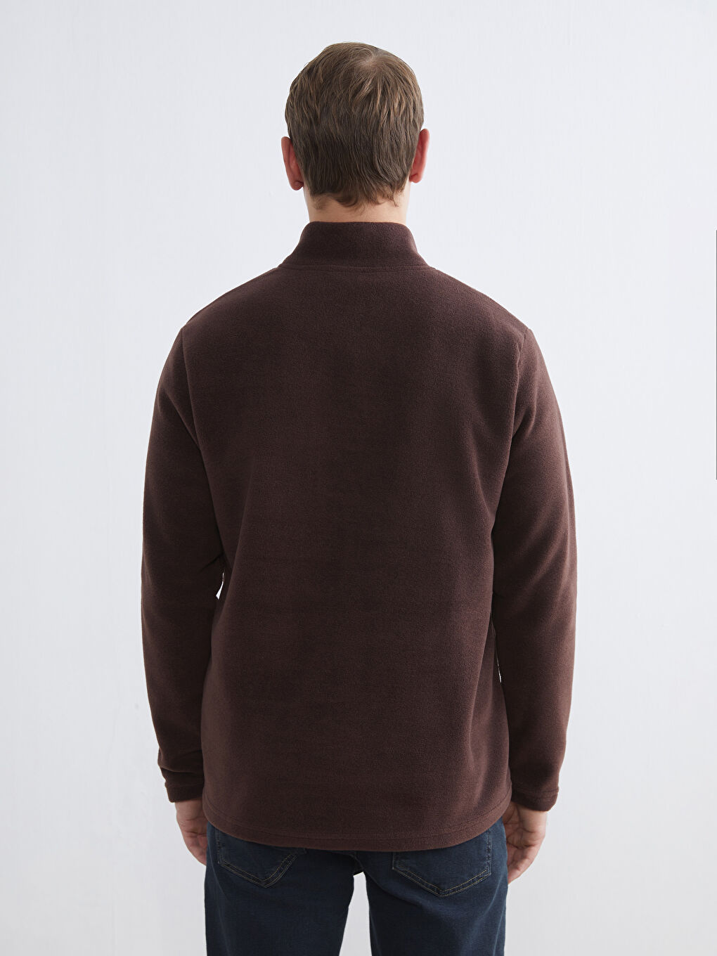 Kahverengi Dik Yaka Polar Erkek Sweatshirt-3