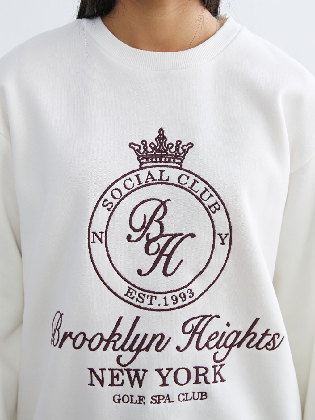 Ekru New York Nakışlı Oversize Kadın Kalın Sweatshirt-2