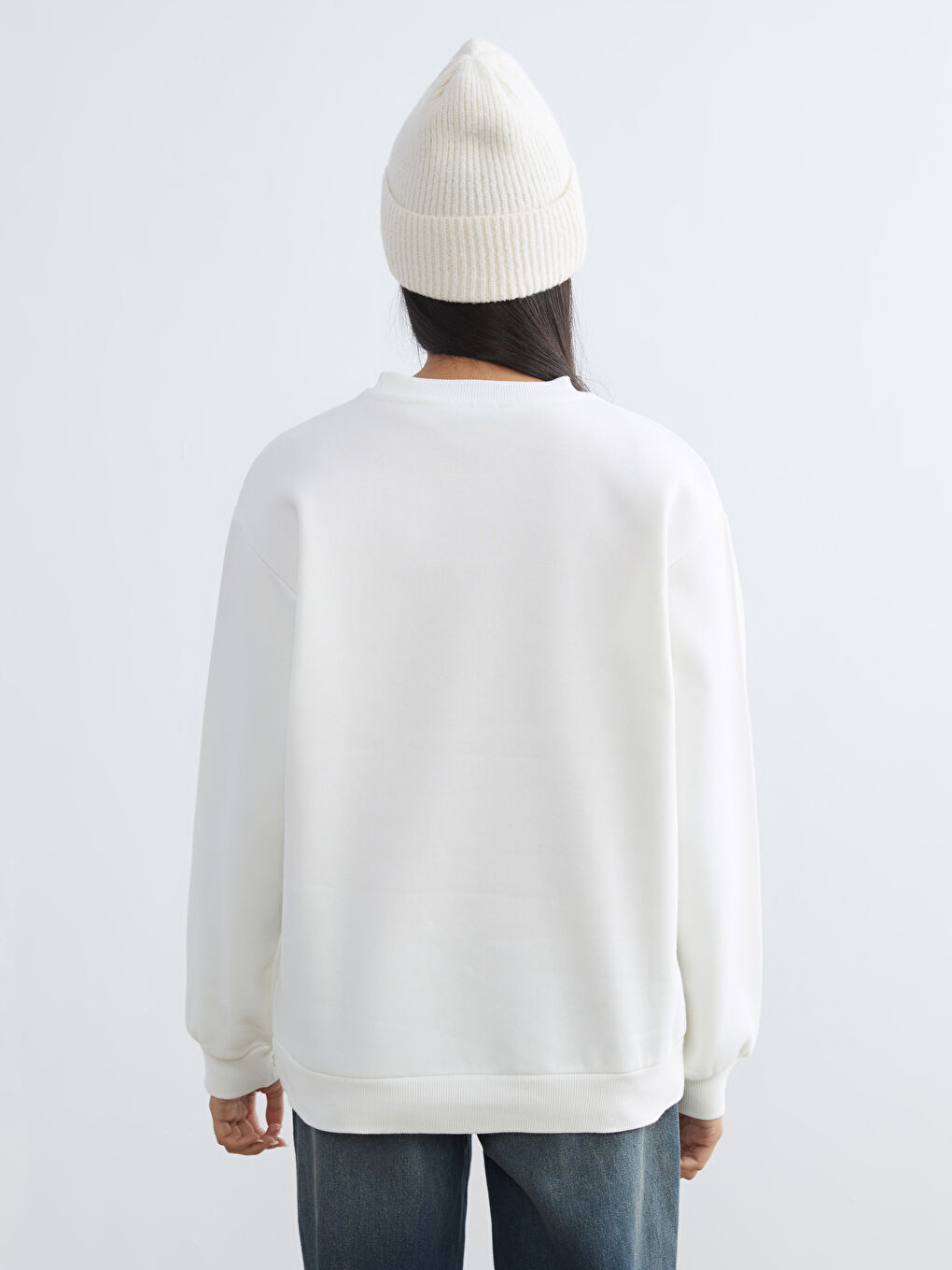 Ekru New York Nakışlı Oversize Kadın Kalın Sweatshirt-3