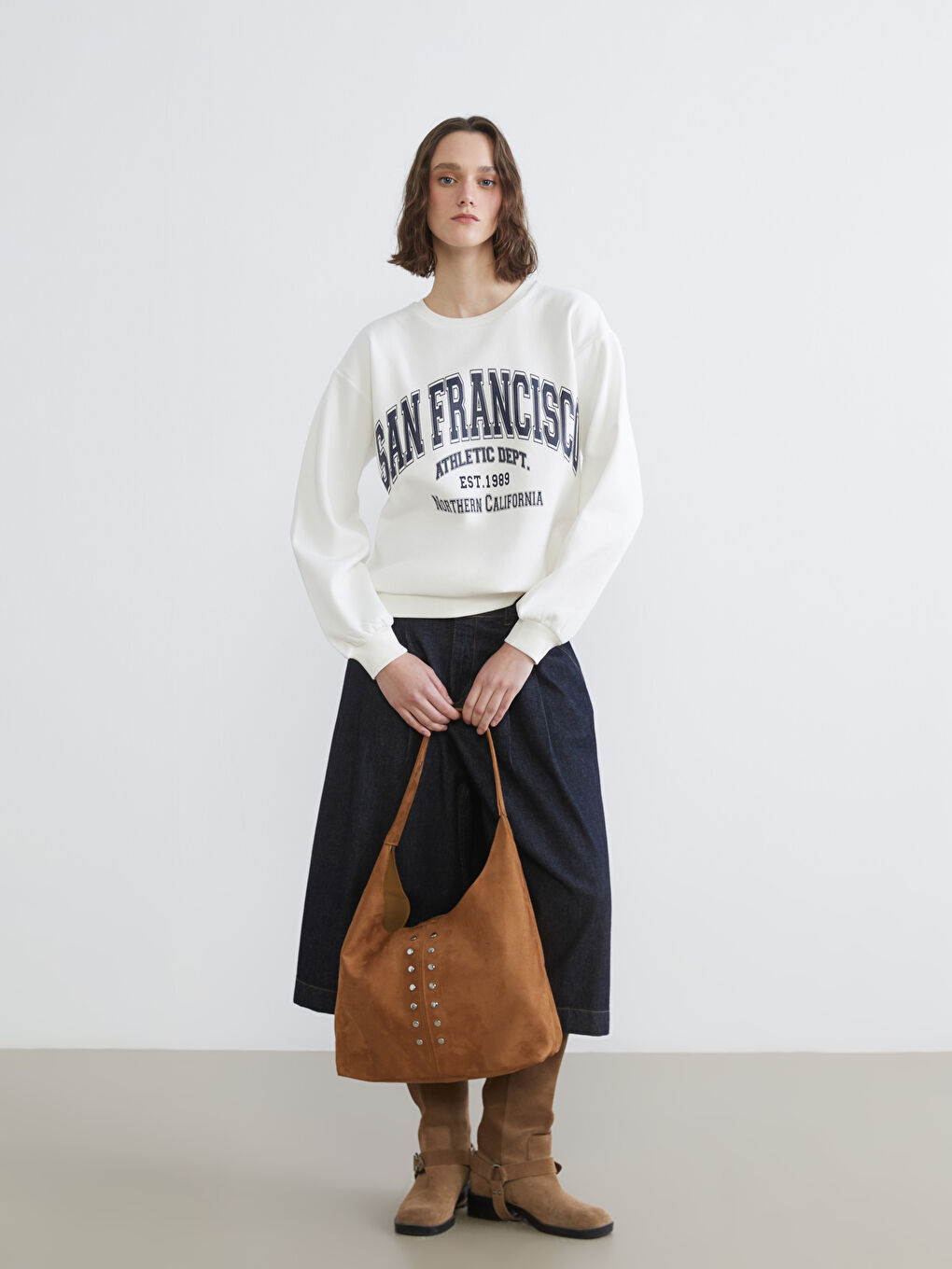 Ekru San Francisco Baskılı Kadın Kalın Sweatshirt-1