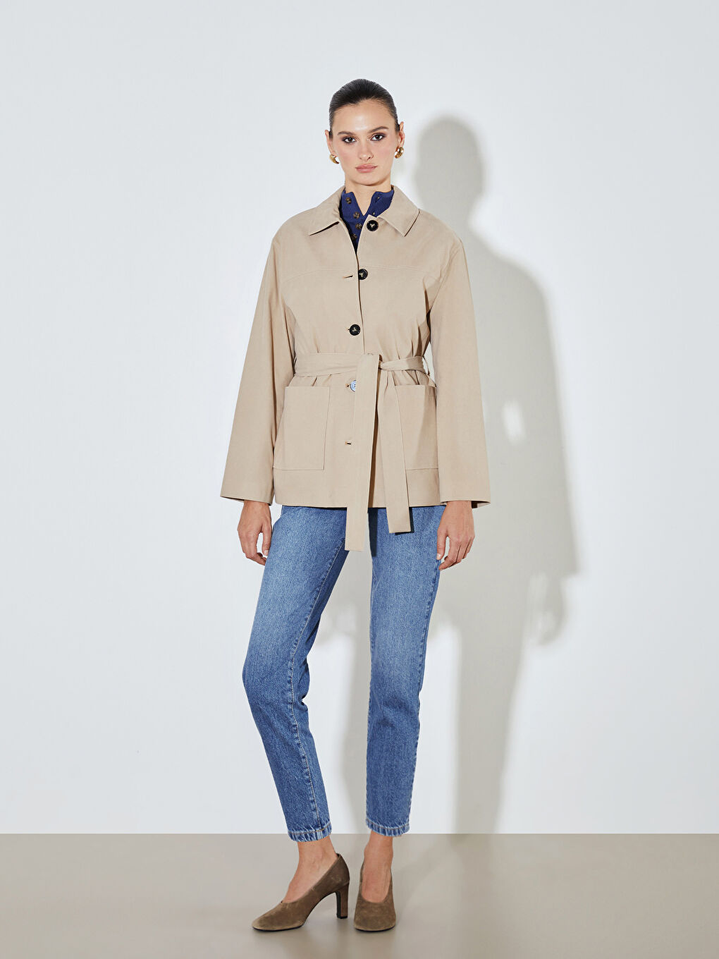 Bej Oversize Kadın Süet Görünümlü Gömlek Ceket-1