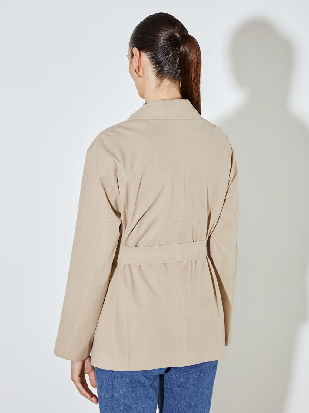 Bej Oversize Kadın Süet Görünümlü Gömlek Ceket-3