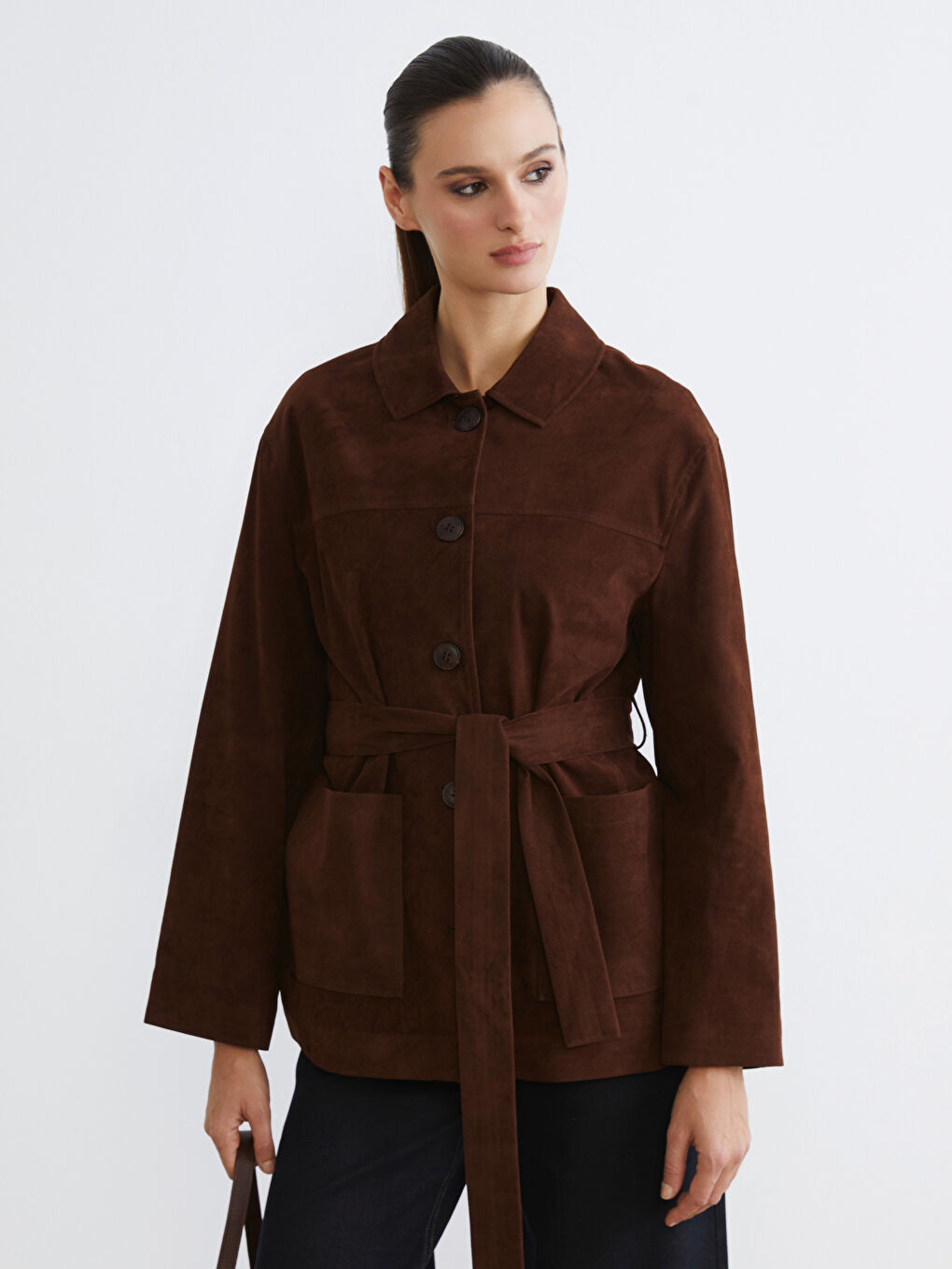 Kahverengi Oversize Kadın Süet Görünümlü Gömlek Ceket
