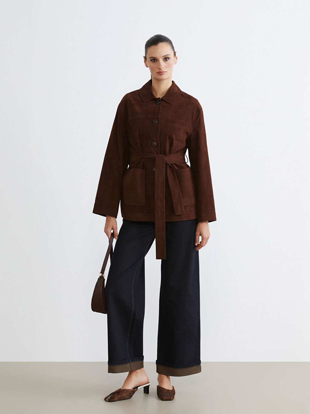 Kahverengi Oversize Kadın Süet Görünümlü Gömlek Ceket-1