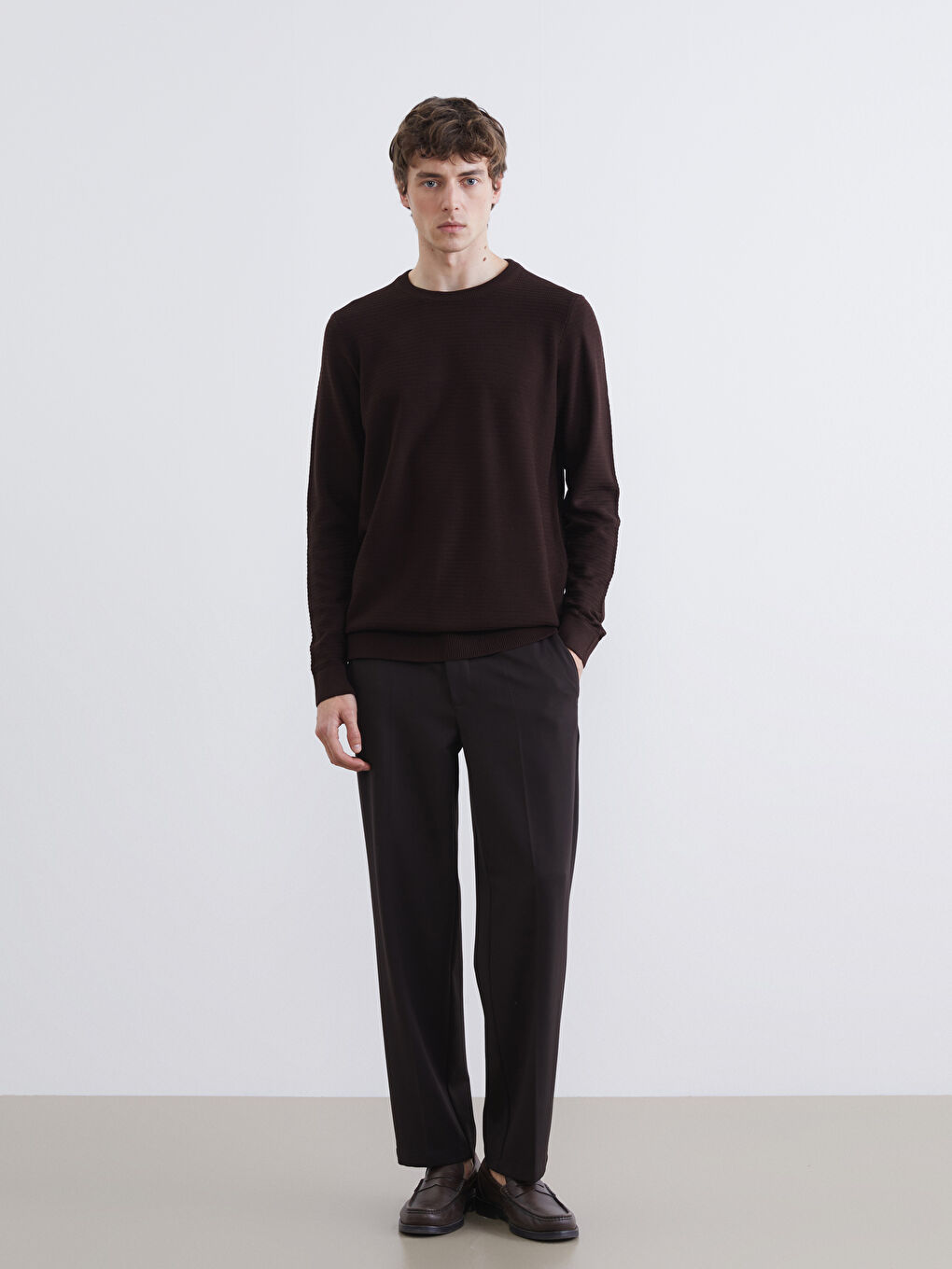 Kahverengi Bisiklet Yaka Erkek Triko Kazak-1