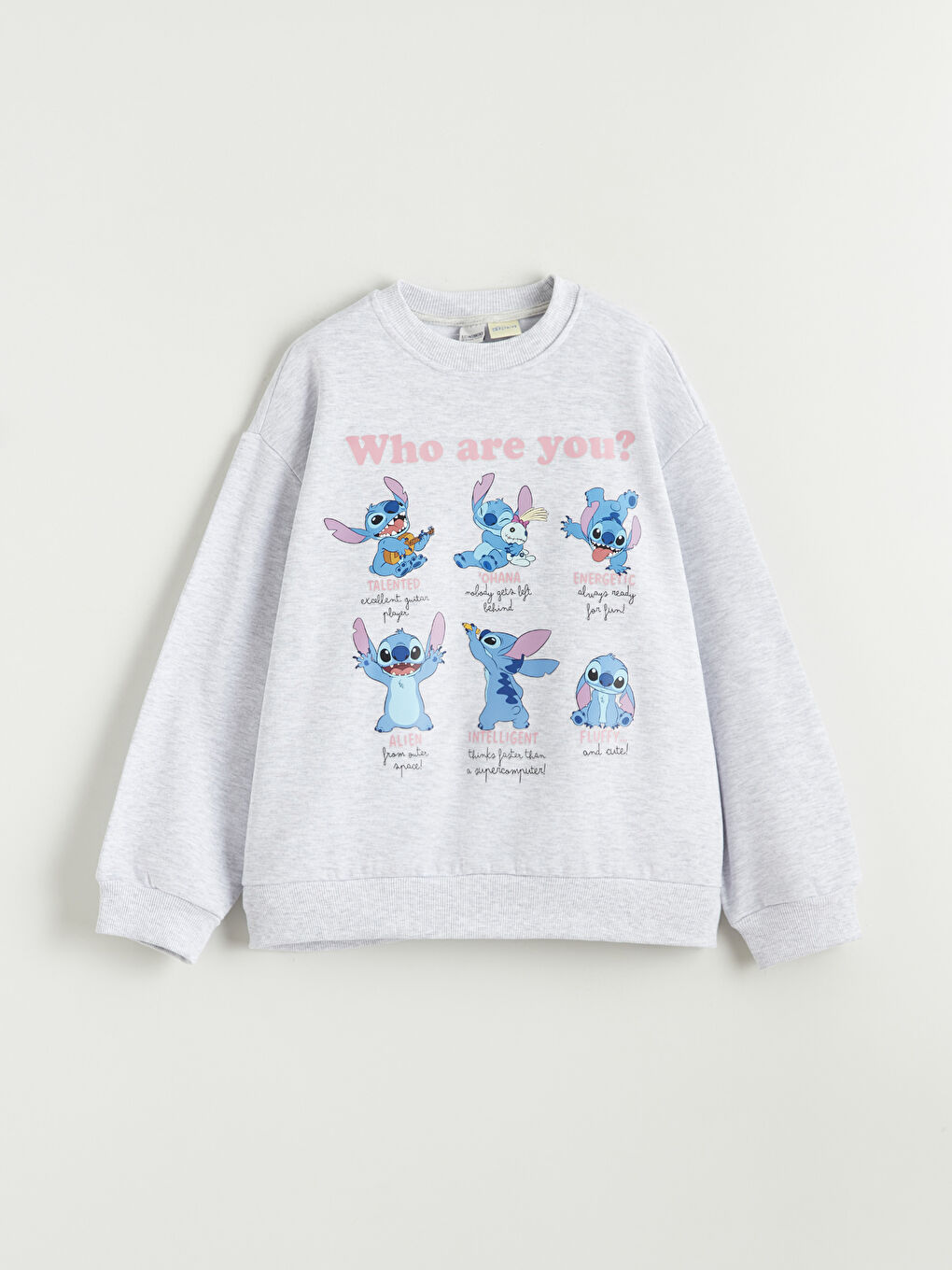 Gri Stitch Baskılı Kız Çocuk Kalın Sweatshirt