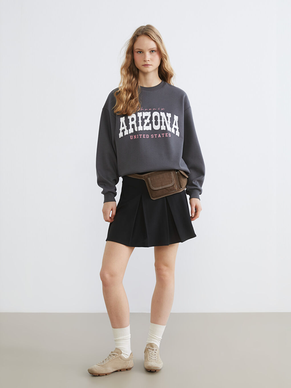 Antrasit Arizona Baskılı Oversize Kadın Kalın Sweatshirt-1