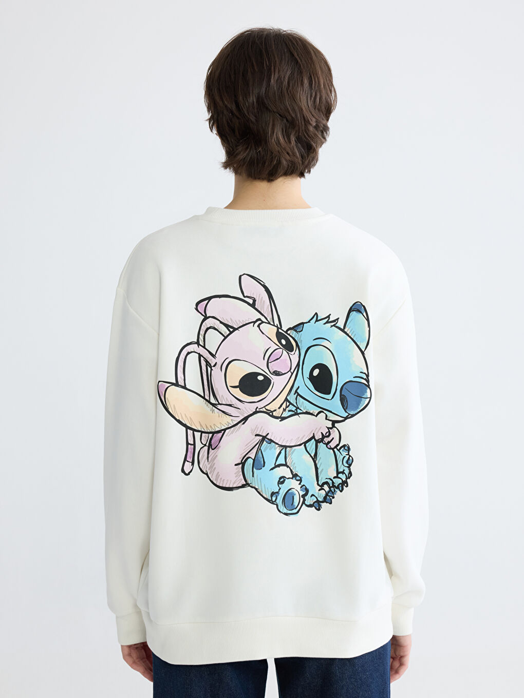 Ekru Lilo ve Angel Baskılı Kadın Kalın Sweatshirt-3