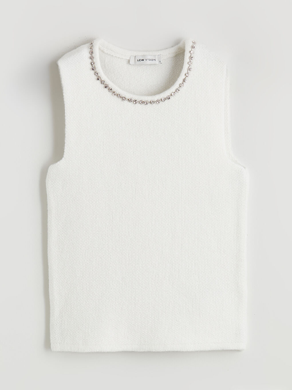 Ekru Bisiklet Yaka Taşlı Kadın Triko Süveter-4