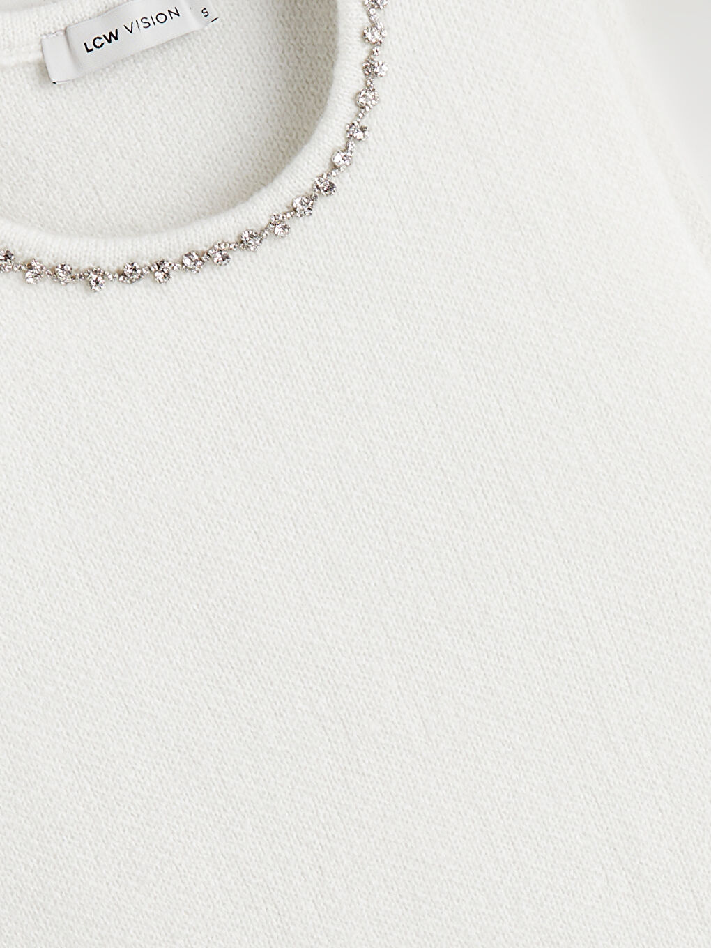 Ekru Bisiklet Yaka Taşlı Kadın Triko Süveter-5