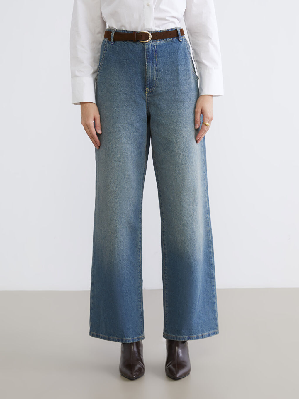 İndigo Beli Kemerli Wideleg Kadın Jean Pantolon-1