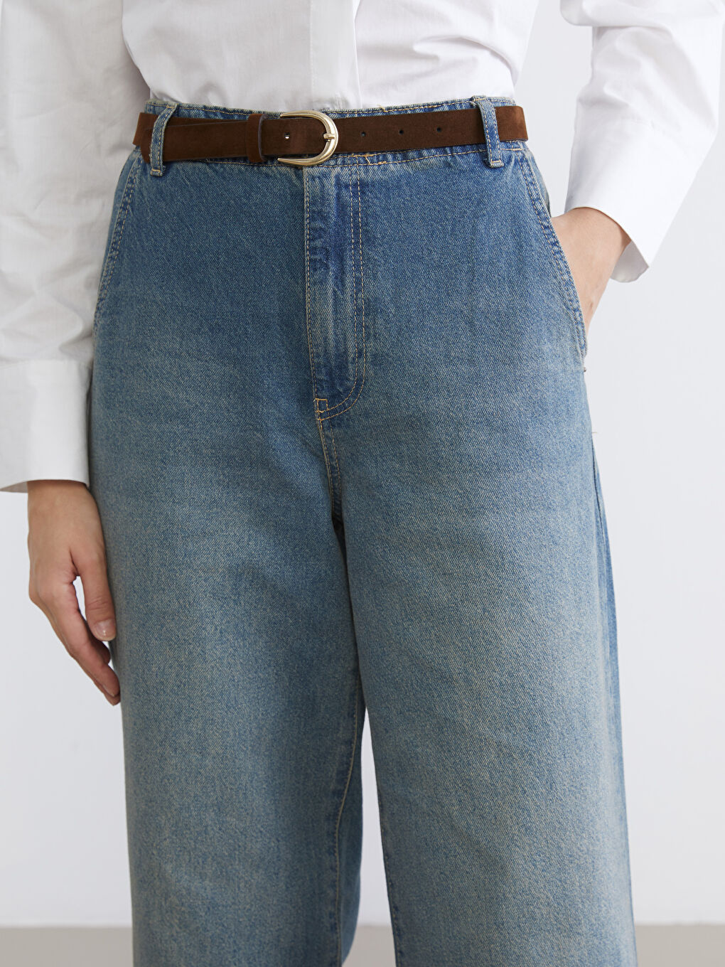 İndigo Beli Kemerli Wideleg Kadın Jean Pantolon-2