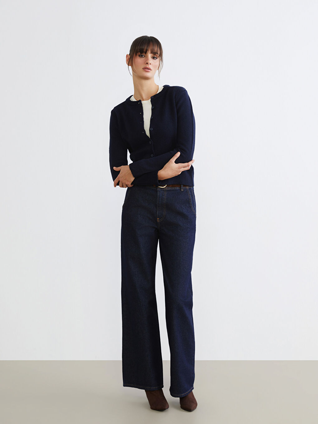 İndigo Beli Kemerli Wideleg Kadın Jean Pantolon