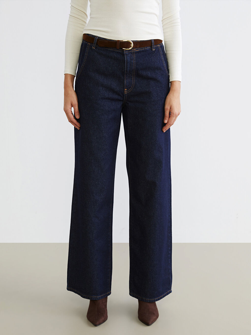 İndigo Beli Kemerli Wideleg Kadın Jean Pantolon-1