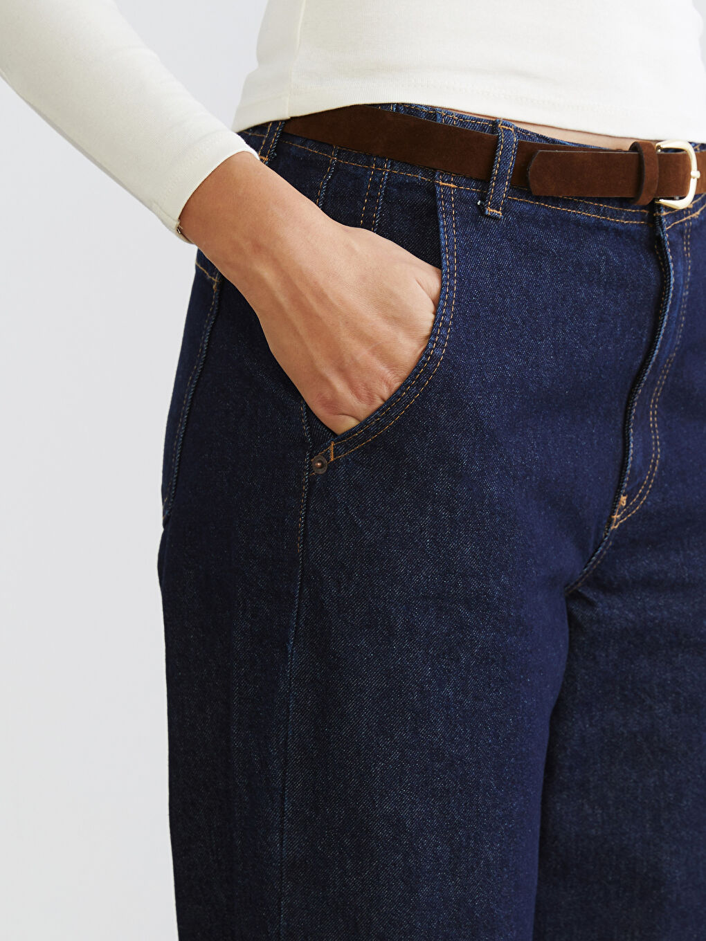 İndigo Beli Kemerli Wideleg Kadın Jean Pantolon-2