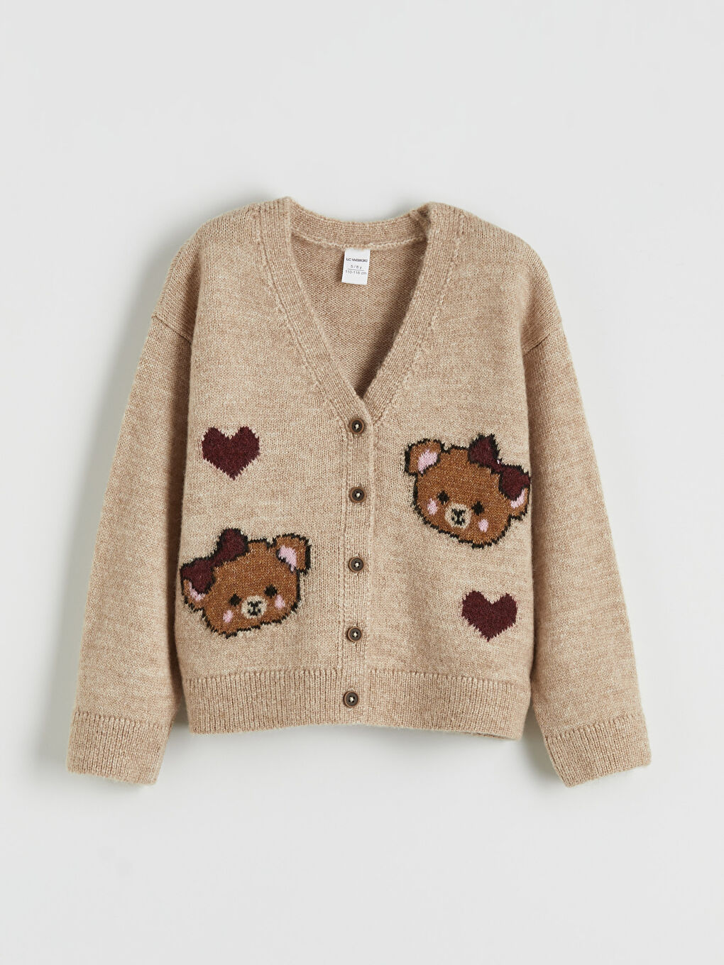 Kahverengi V Yaka Desenli Kız Çocuk Triko Hırka