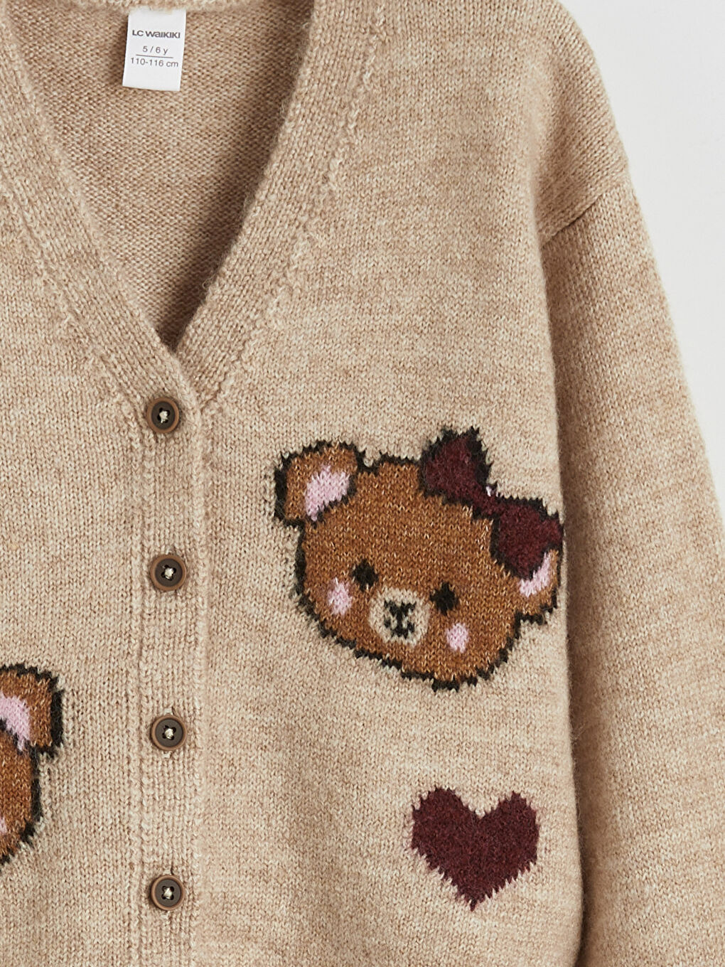 Kahverengi V Yaka Desenli Kız Çocuk Triko Hırka-2