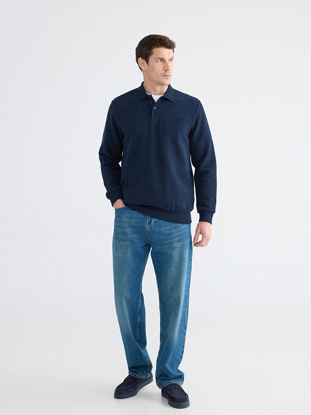 Lacivert Polo Yaka Erkek Sweatshirt-1