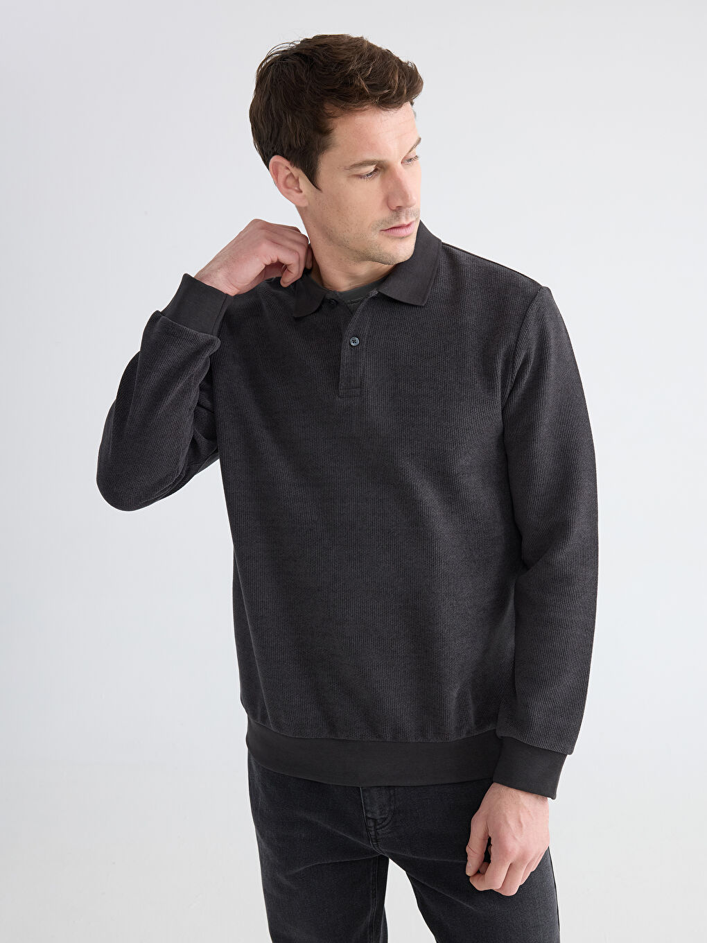Antrasit Polo Yaka Erkek Sweatshirt