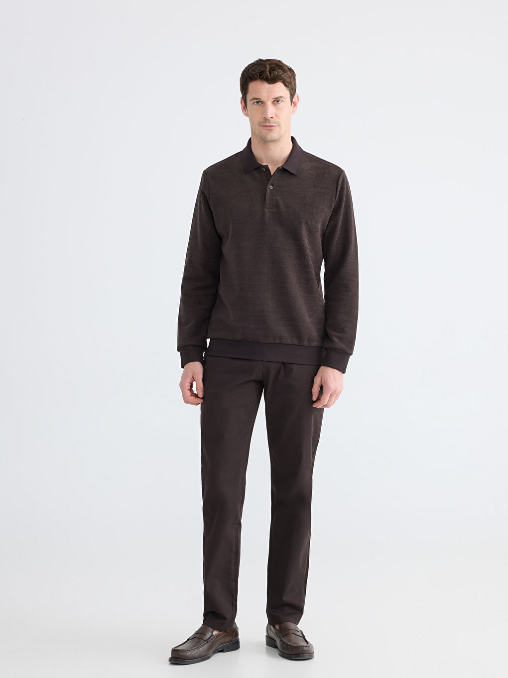 Kahverengi Polo Yaka Erkek Sweatshirt-1