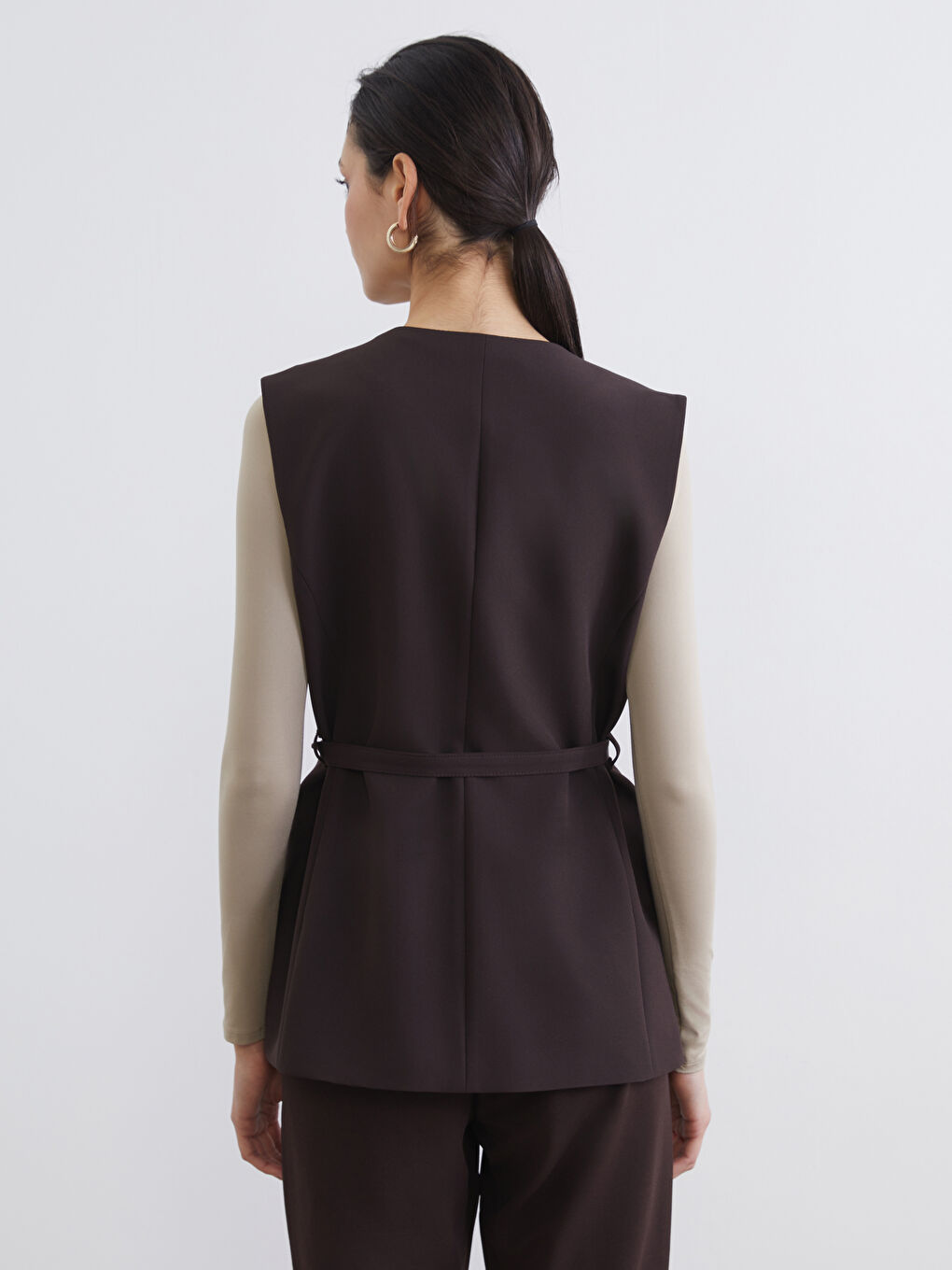 Kahverengi V Yaka Kemerli Kadın Klasik Yelek-3