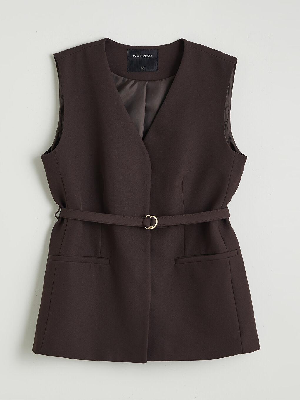 Kahverengi V Yaka Kemerli Kadın Klasik Yelek-4