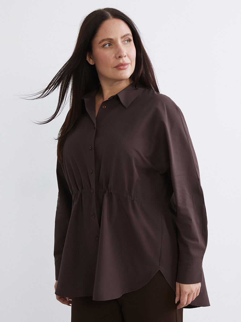 Kahverengi Büyük Beden Poplin Kadın Gömlek