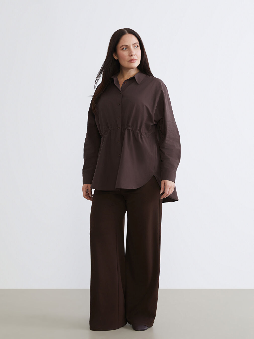 Kahverengi Büyük Beden Poplin Kadın Gömlek-1