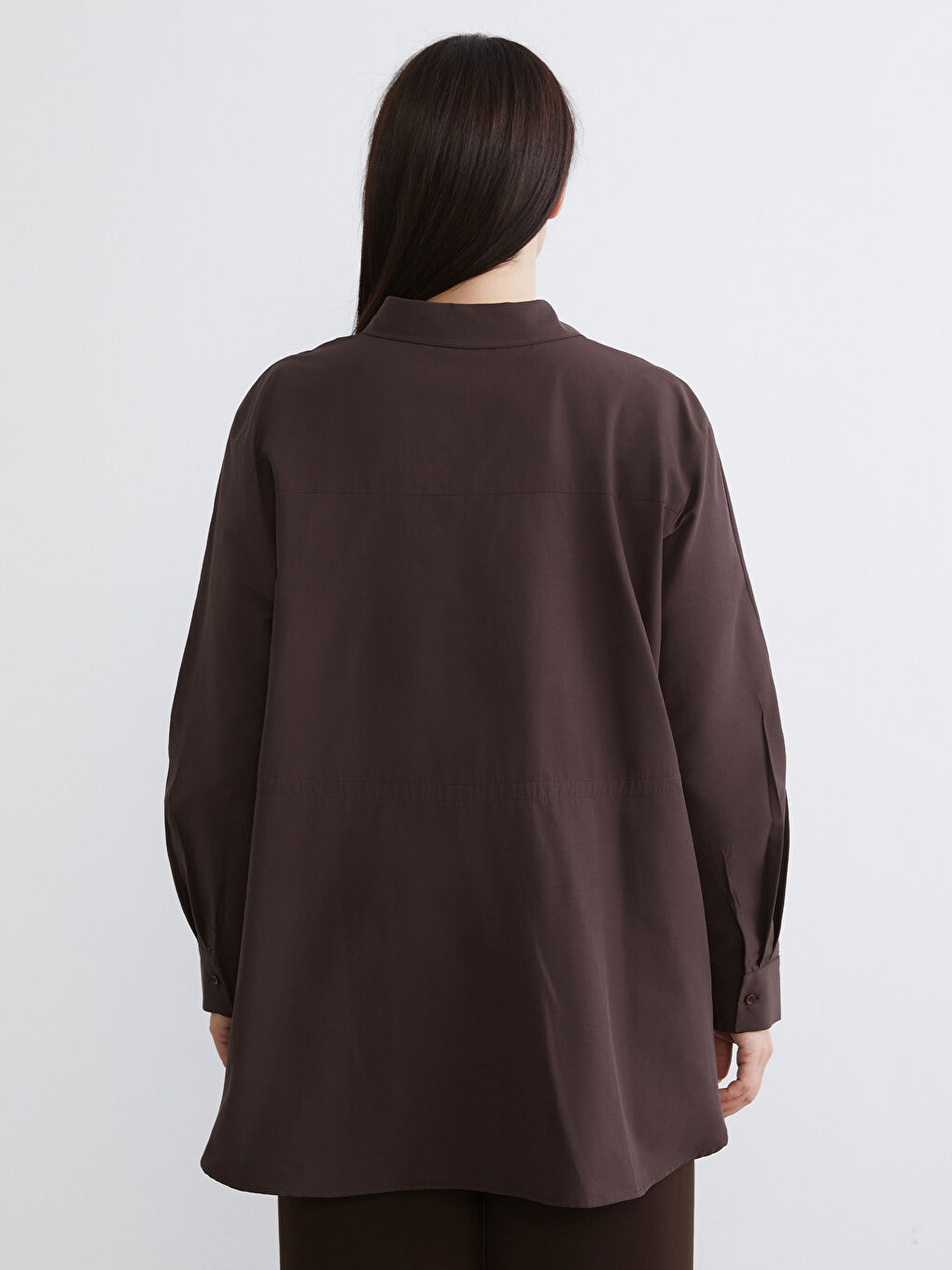 Kahverengi Büyük Beden Poplin Kadın Gömlek-3