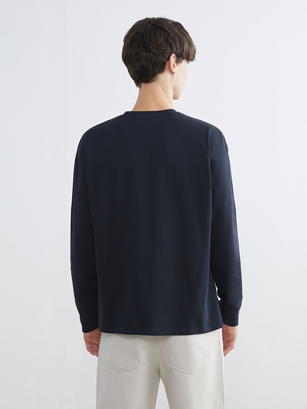 Lacivert Bisiklet Yaka Uzun Kollu Erkek Tişört-3