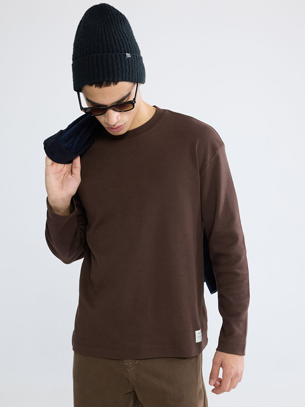 Kahverengi Bisiklet Yaka Erkek Sweatshirt