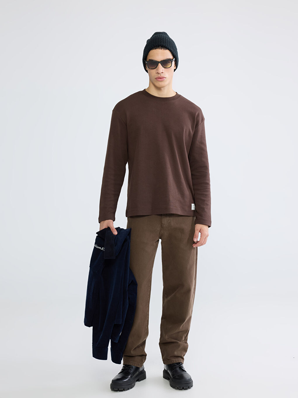 Kahverengi Bisiklet Yaka Erkek Sweatshirt-1