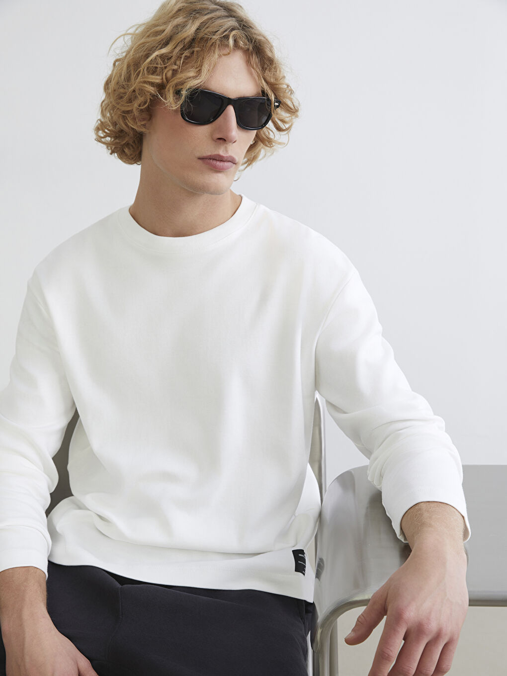 Ekru Bisiklet Yaka Erkek Sweatshirt