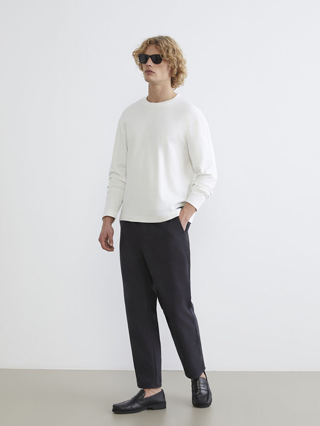 Ekru Bisiklet Yaka Erkek Sweatshirt-1