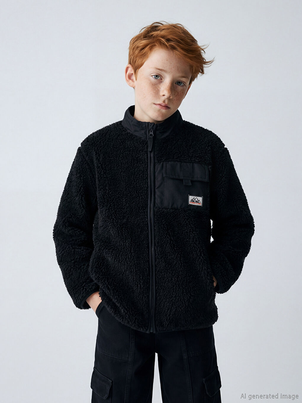 Boys' stand-up collar zippered fleece cardigan.