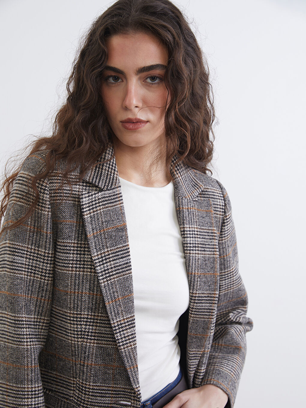 Kahverengi Ekose Kadın Kaşe Blazer Ceket