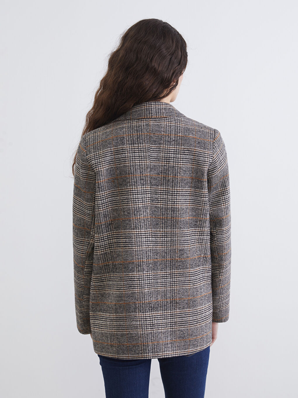 Kahverengi Ekose Kadın Kaşe Blazer Ceket-4