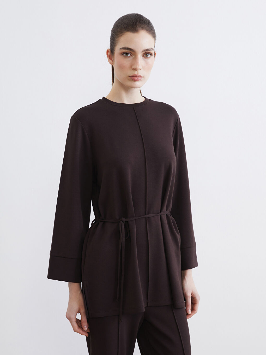 Belted Sweatshirt Tunic with a Crew Neck