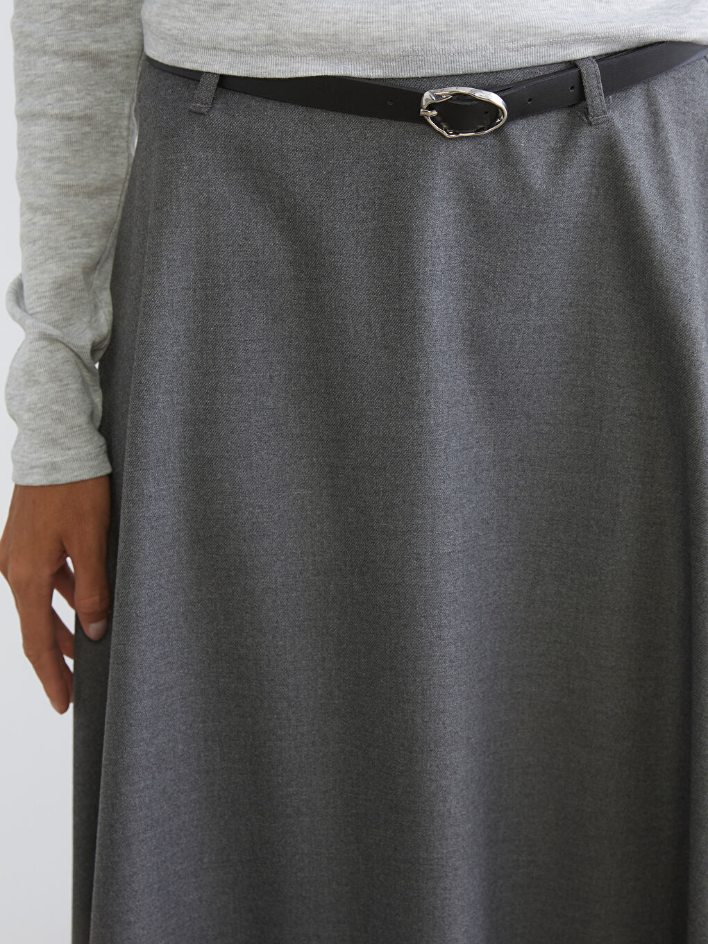 Gri Beli Kemerli Kloş Etek-2